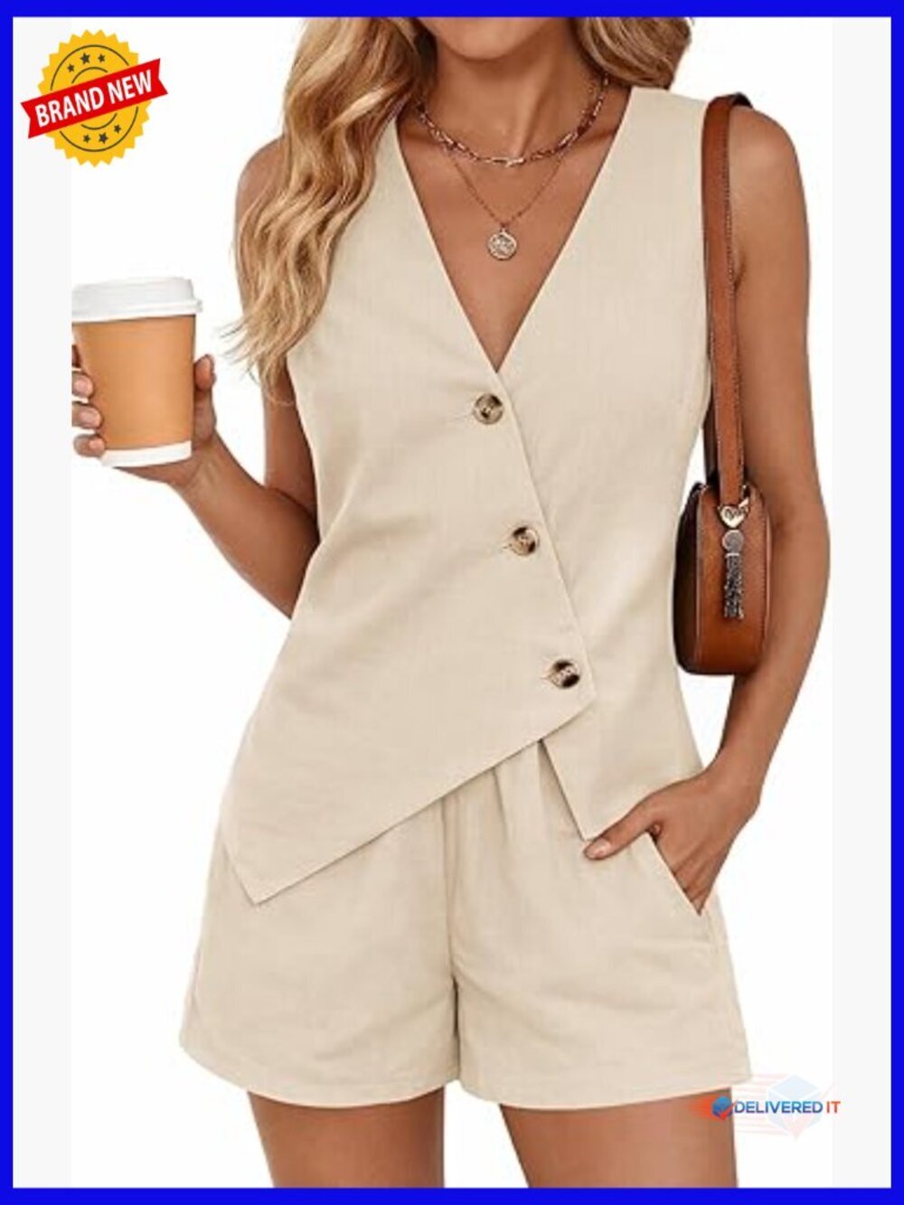 2 Piece Linen Matching Set - Button Down Vest & Shorts Set
